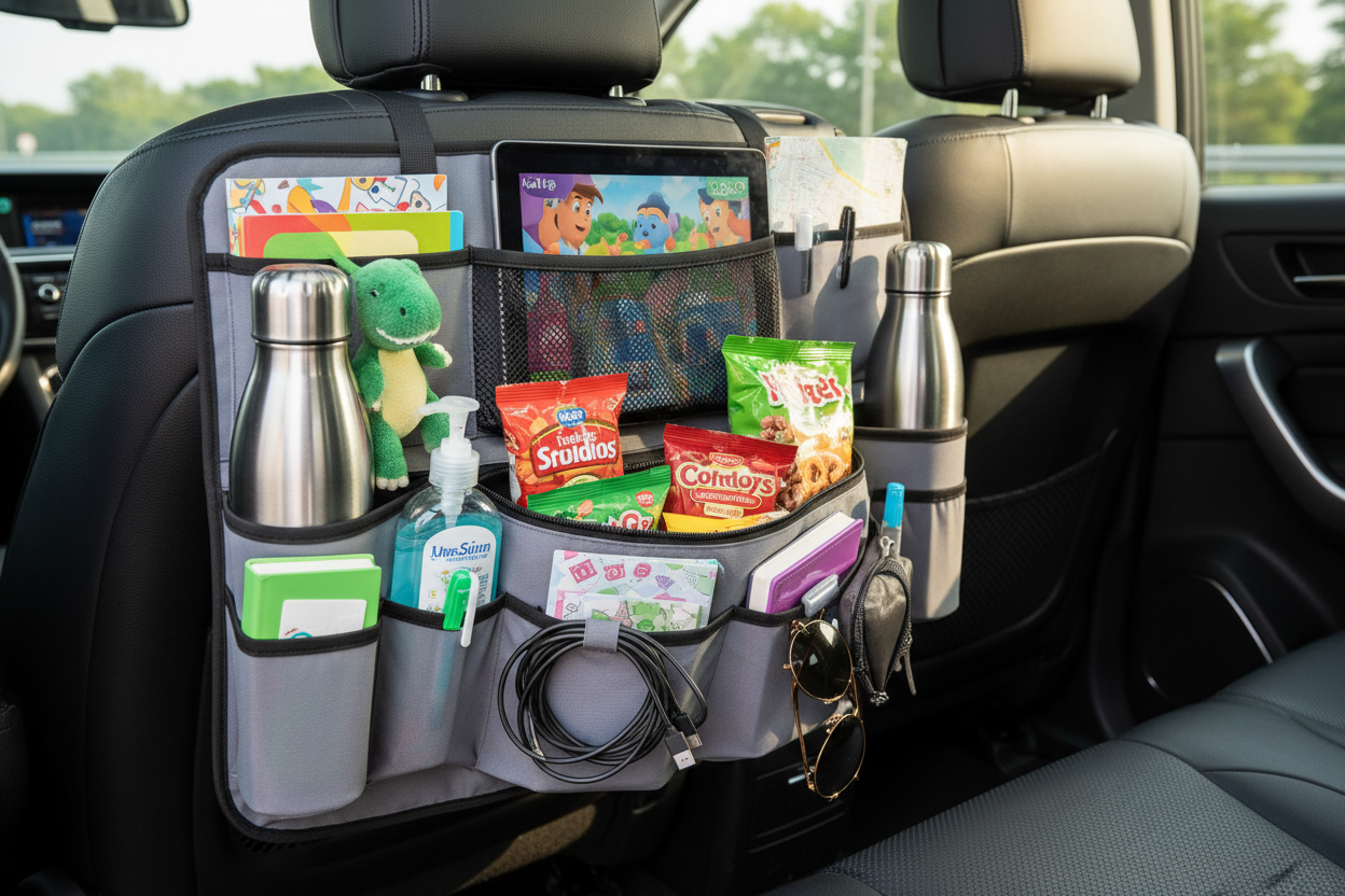 ab mujhy aik image do car seat organizer ki jis ma cheezy pri ho zayada sari or wo car ma laga ho